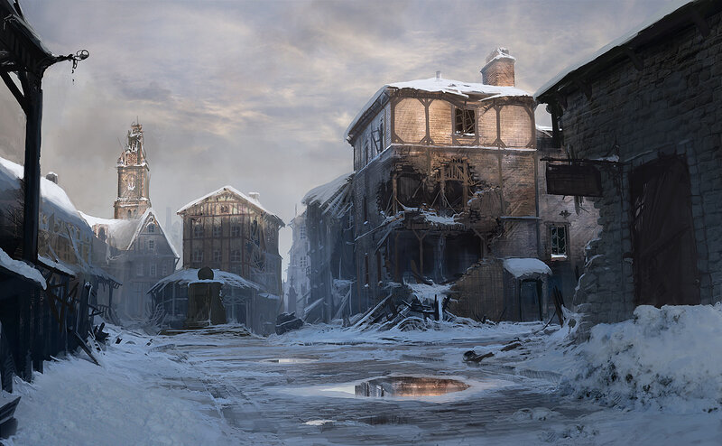 snowy ruined town street