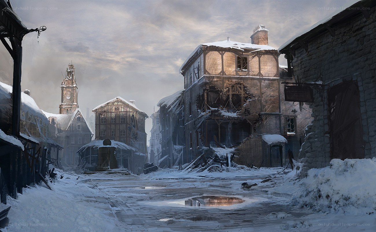 snowy ruined town street