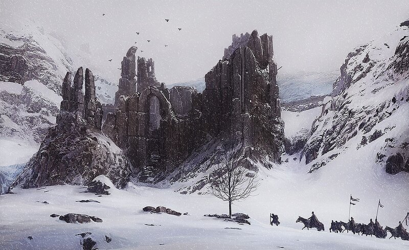 Snowy ruins and travelers