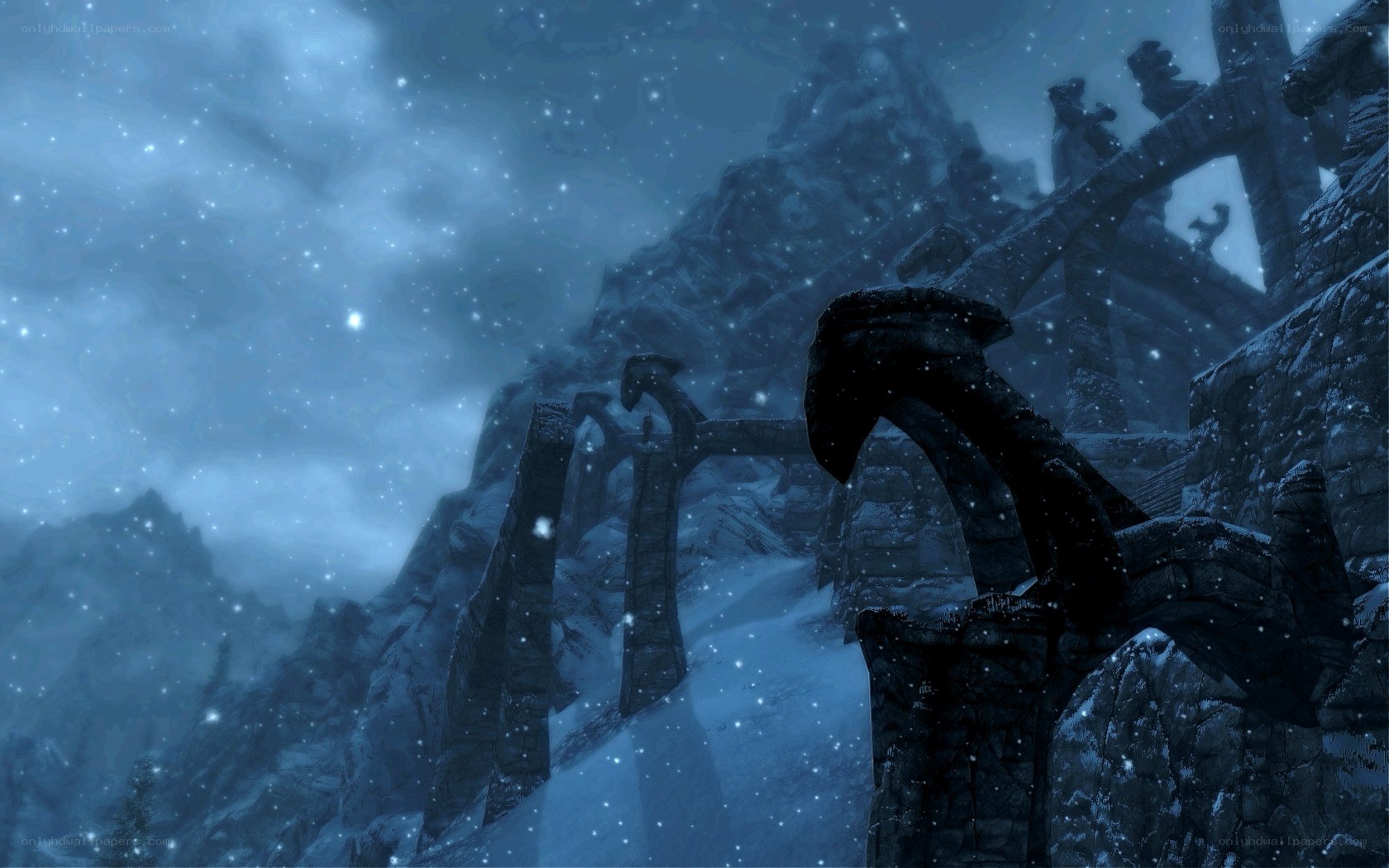snowy ruins in a mountain pass