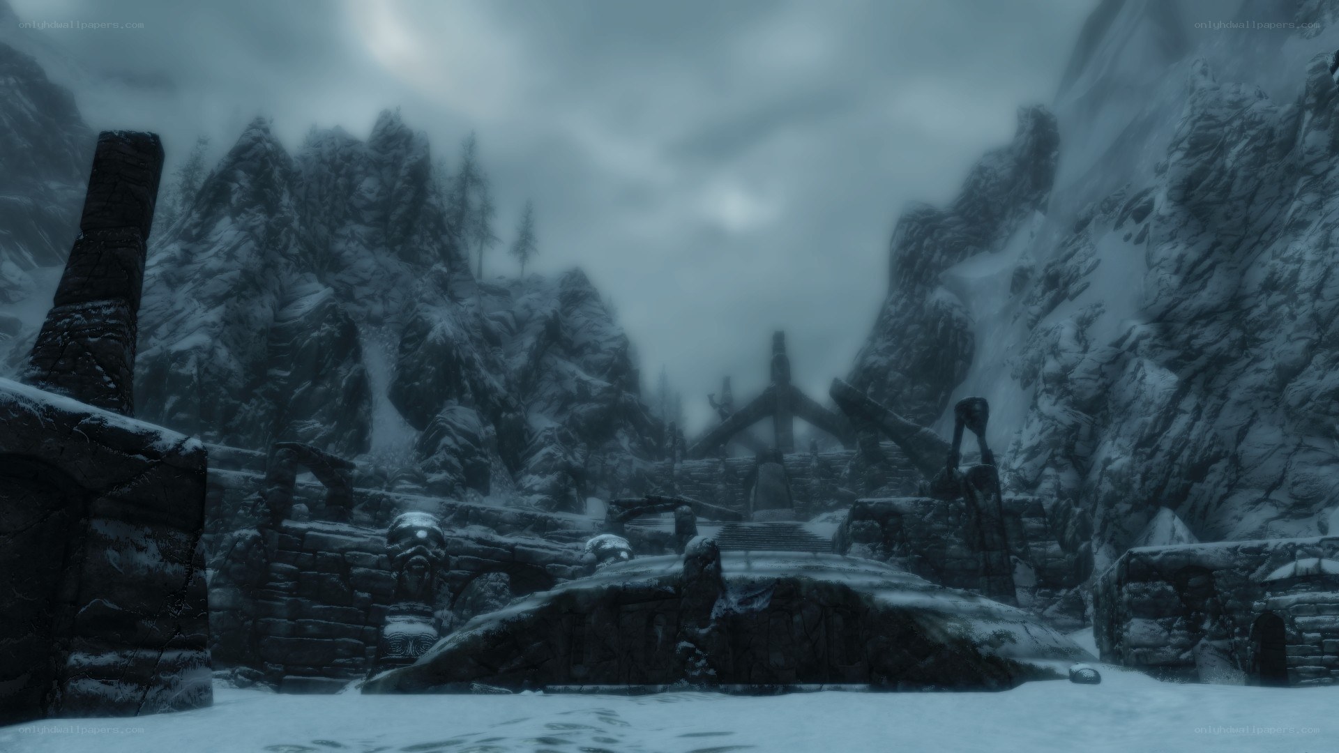 snowy ruins in a mountain pass