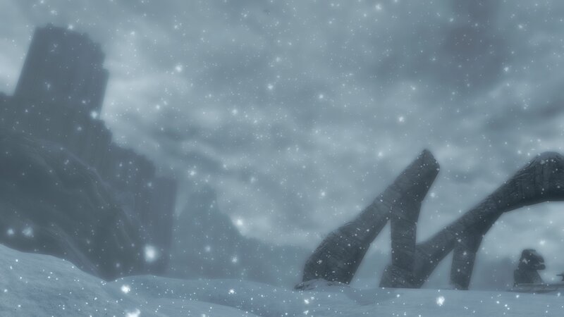 snowy ruins in a storm