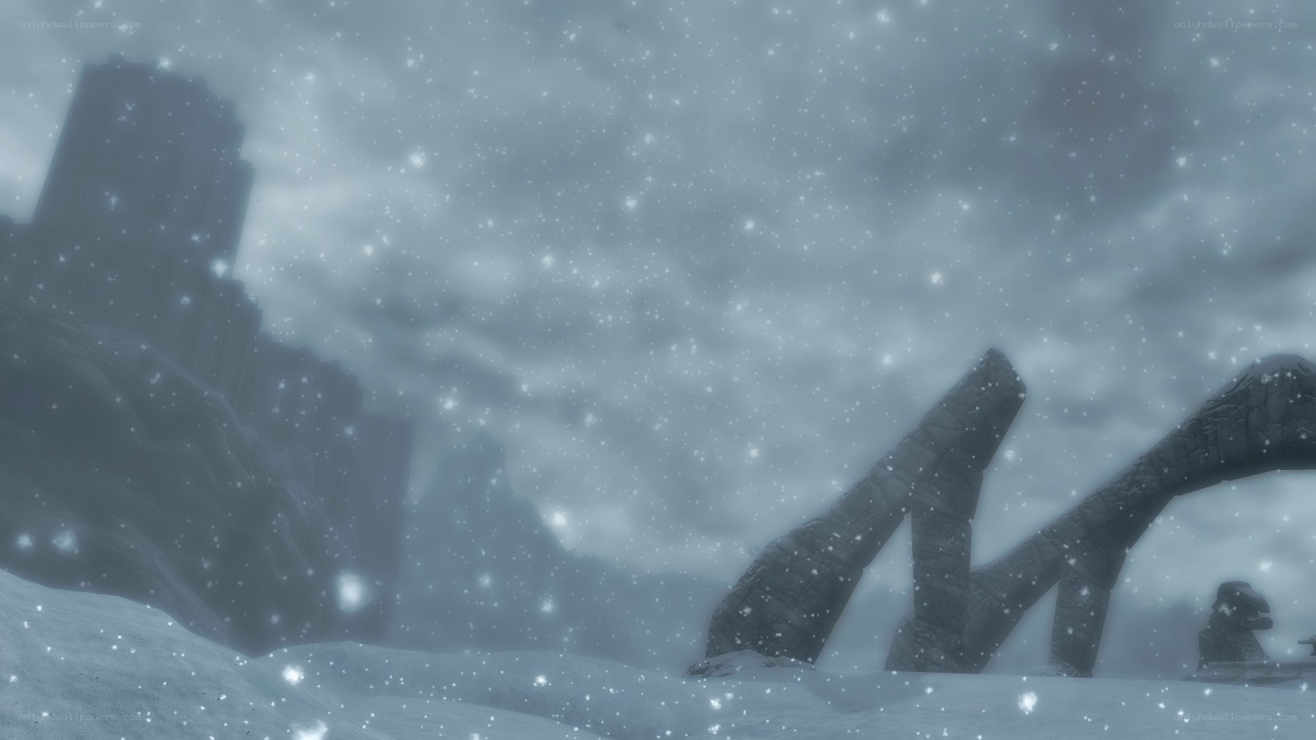 snowy ruins in a storm