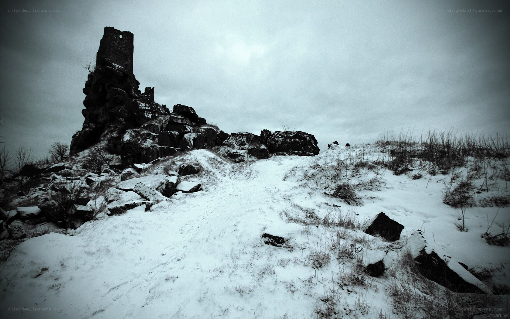Snowy ruins on a hill