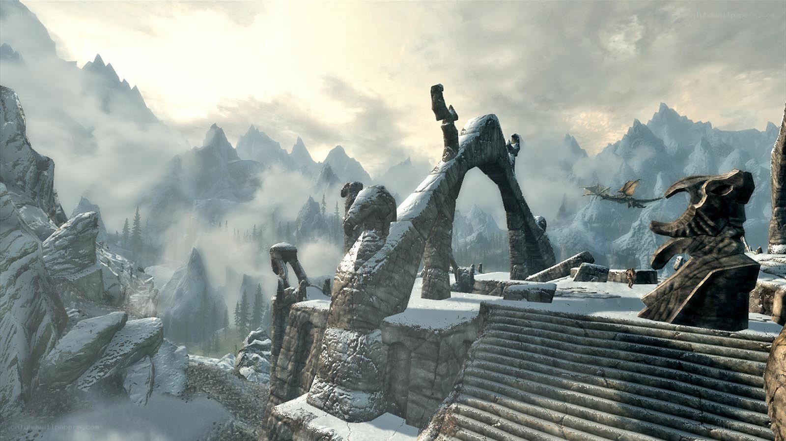 snowy ruins with dragon