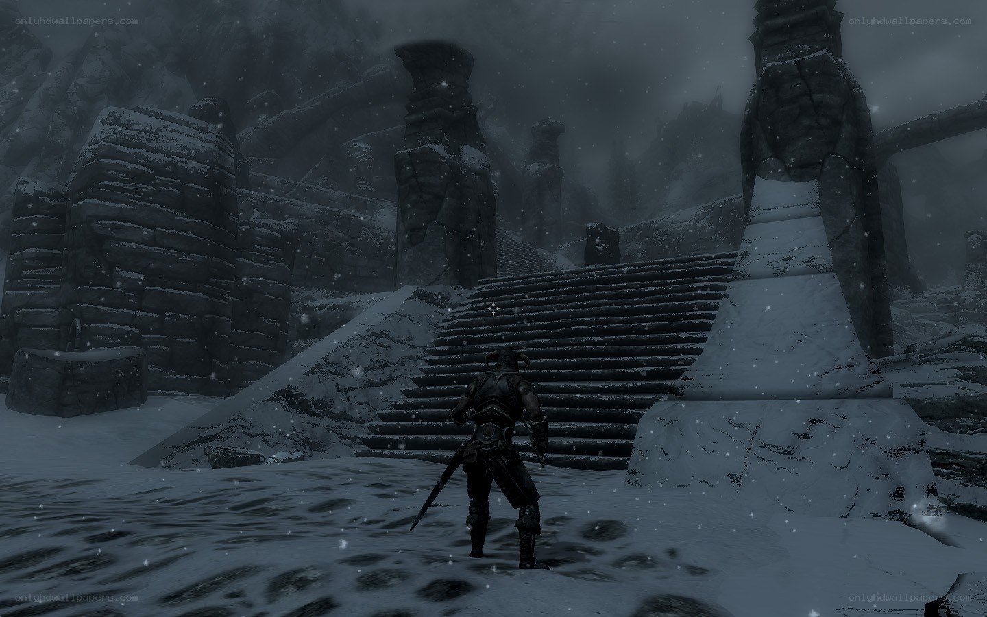 snowy ruins with warrior