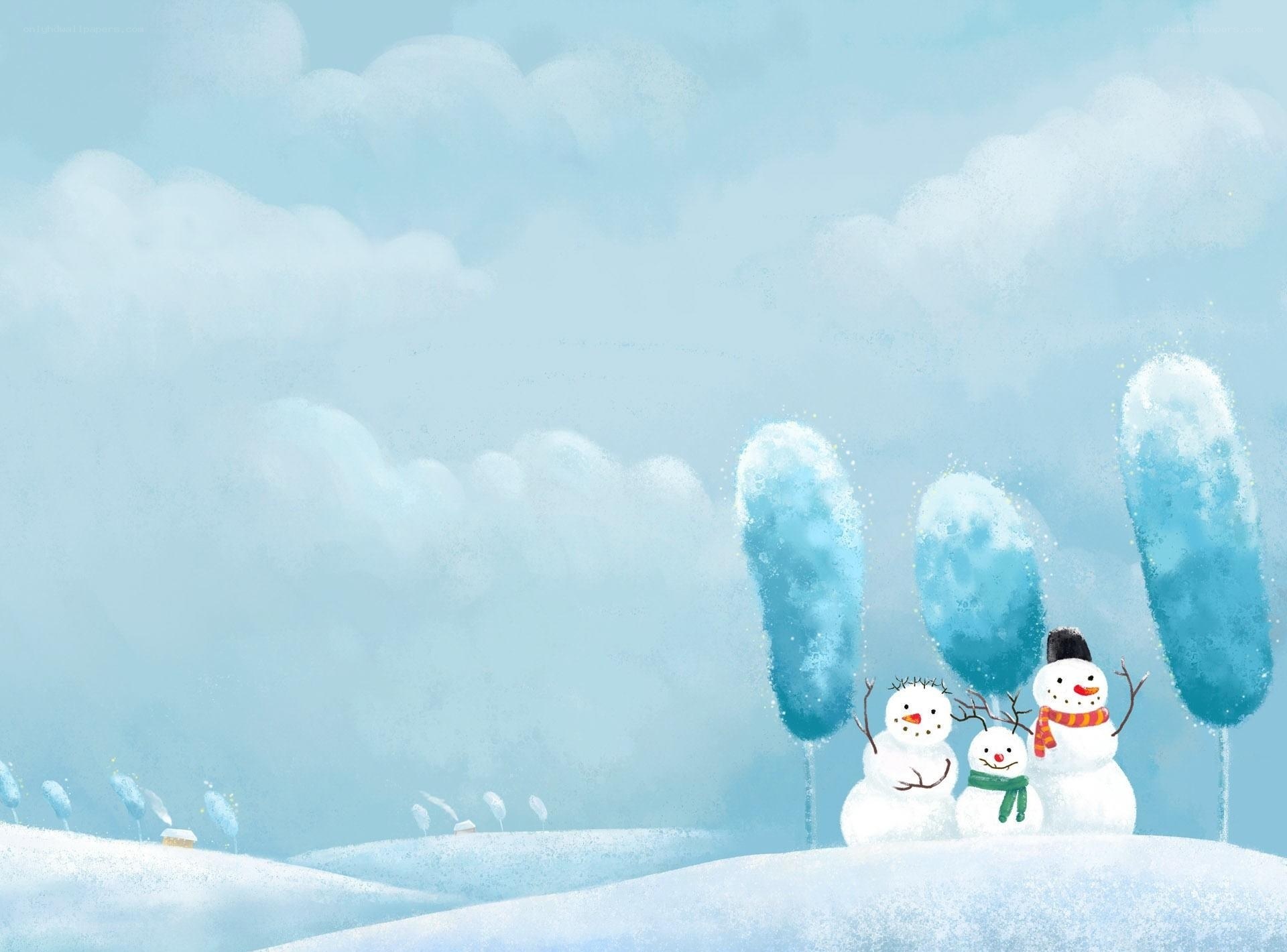 Snowy scene with snowmen