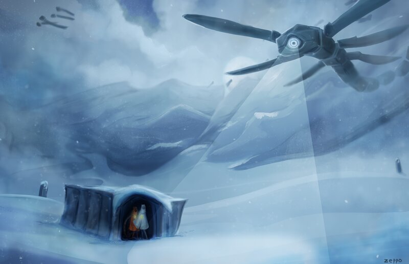 Snowy shelter under alien sky