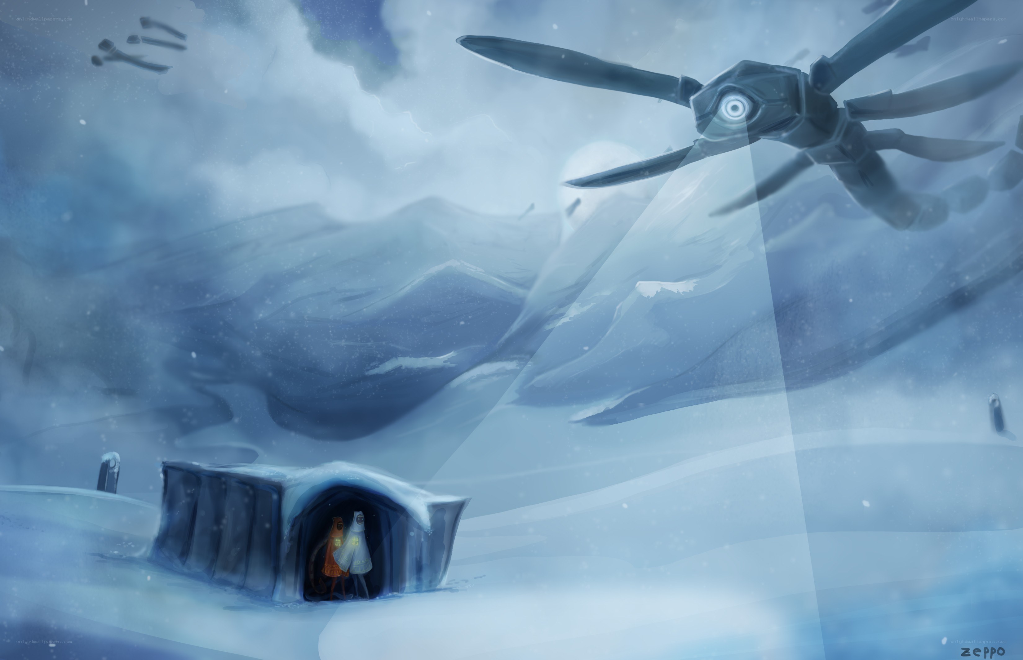 Snowy shelter under alien sky