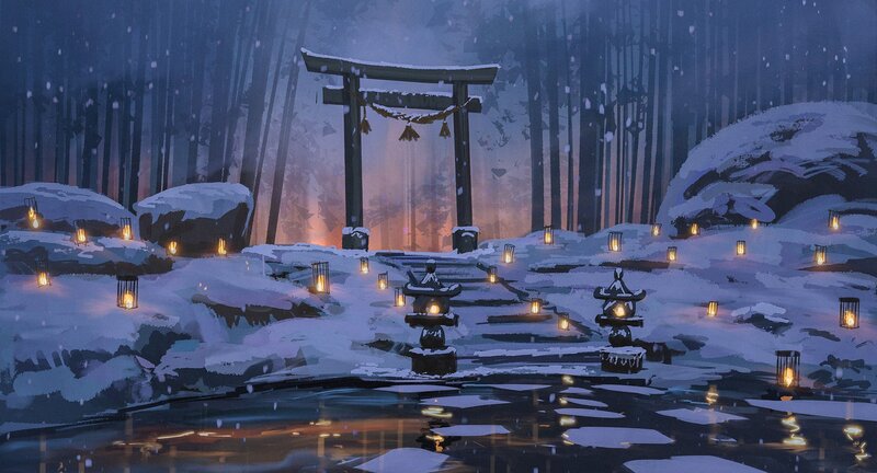 Snowy Shrine at Night — Blue