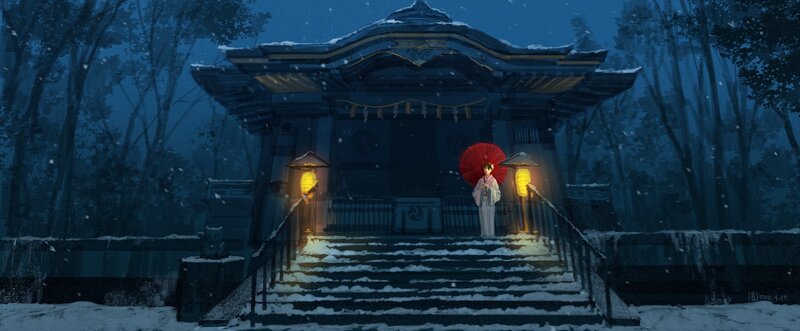Snowy shrine at night