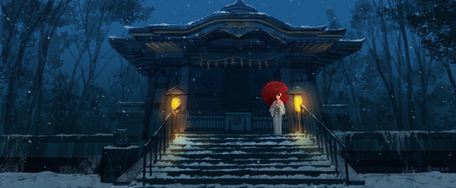 Snowy shrine at night