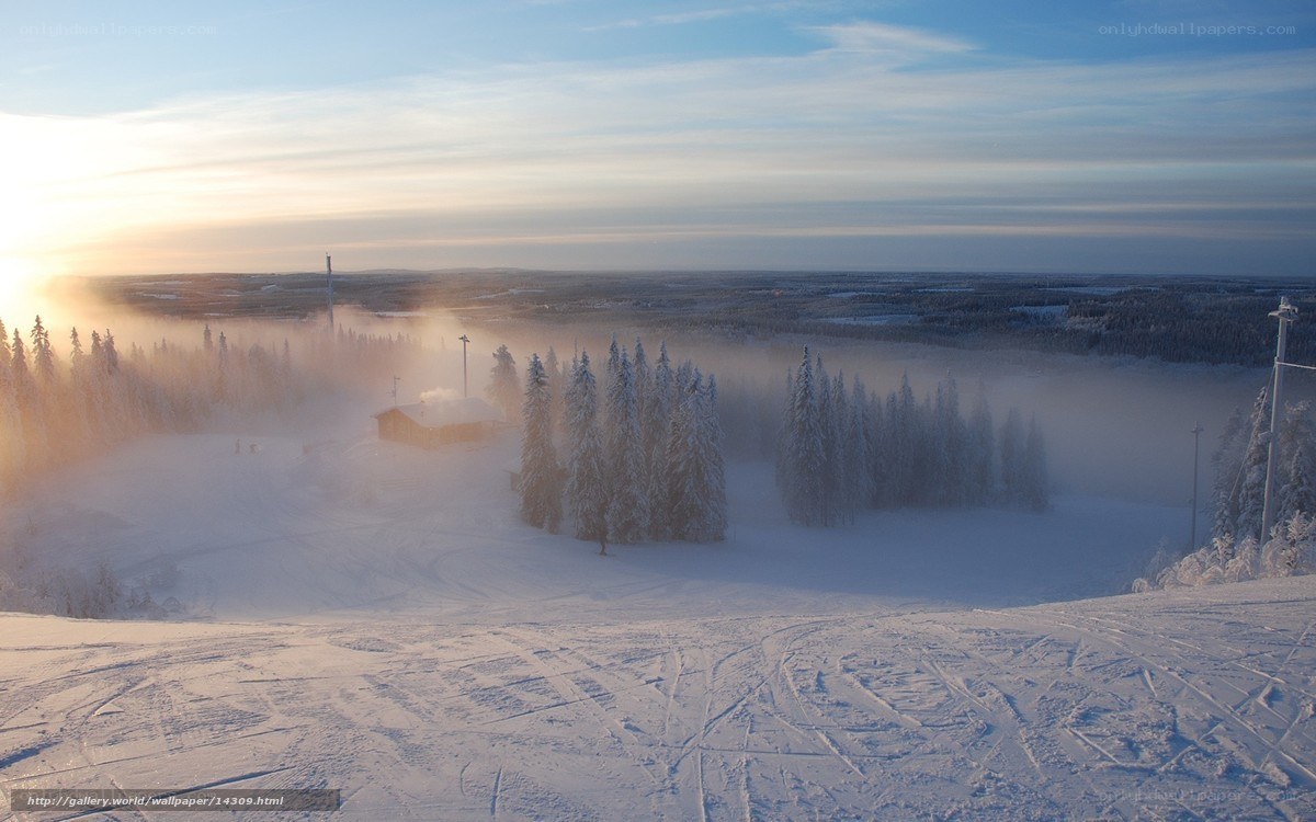 Snowy ski resort at sunrise
