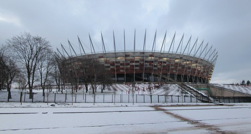 snowy stadium exterior