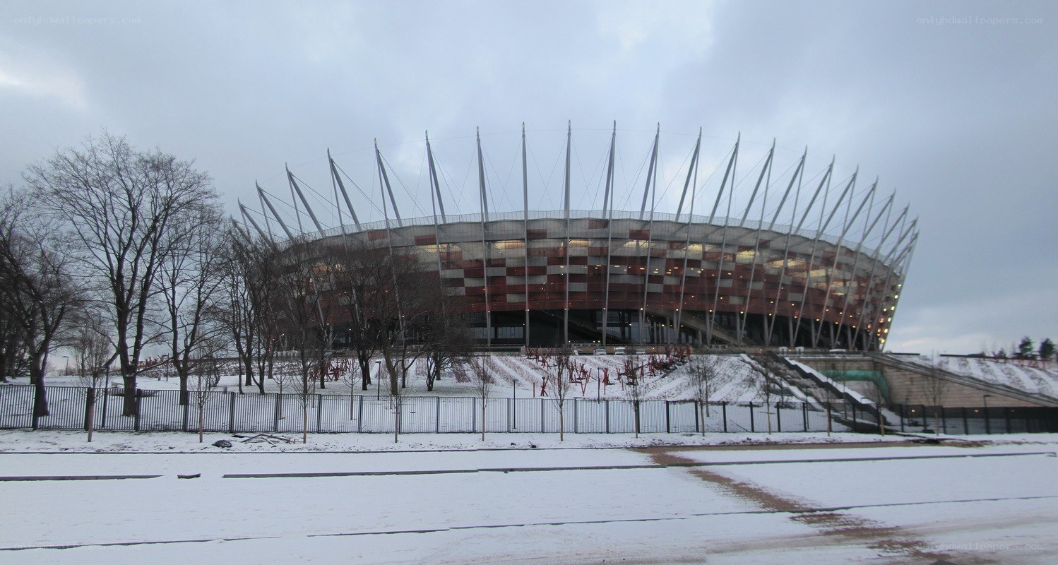 snowy stadium exterior