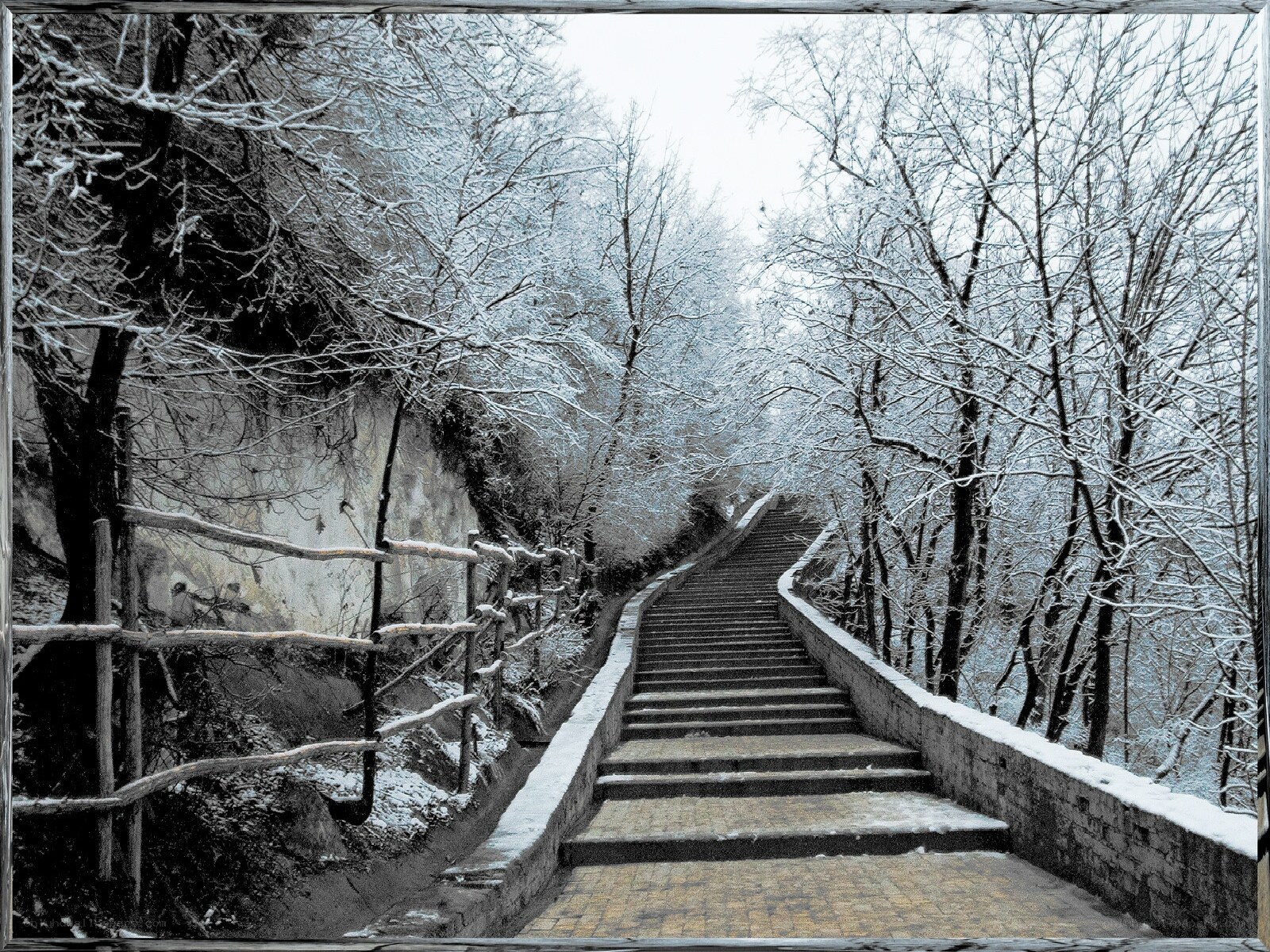 Snowy staircase in winter forest