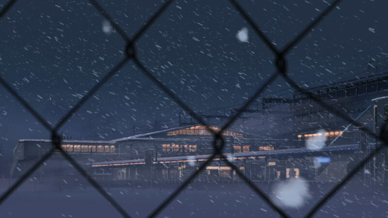 snowy station at night