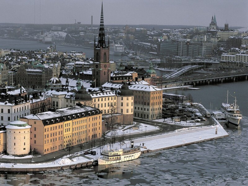 Snowy Stockholm cityscape
