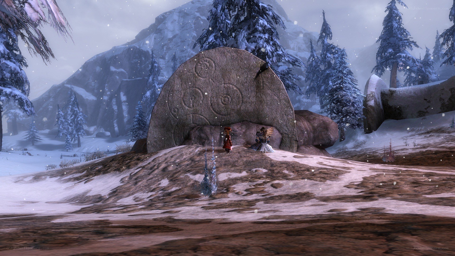 snowy stone monument