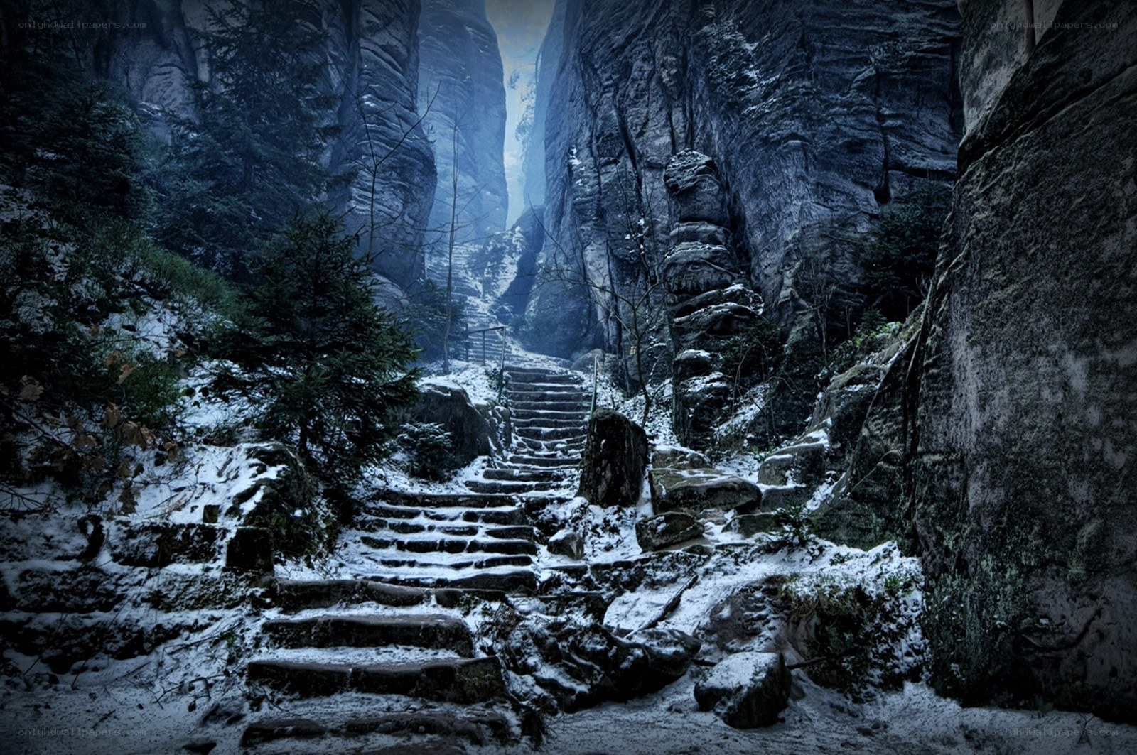 Snowy stone steps in a canyon