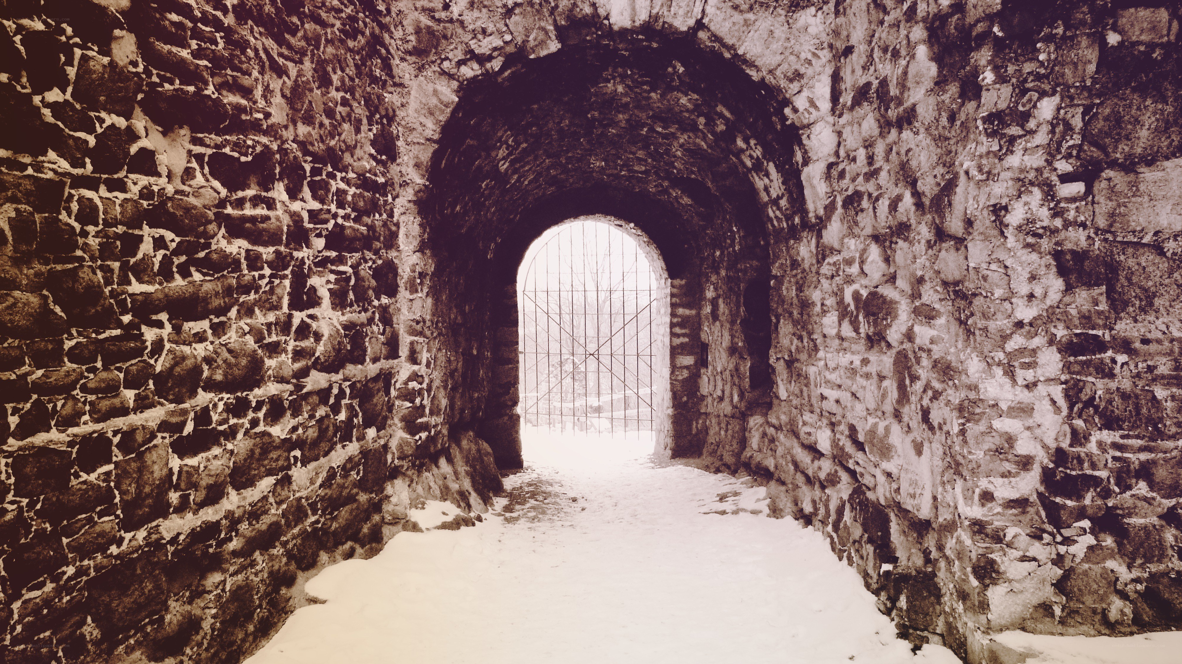 Snowy stone tunnel passage