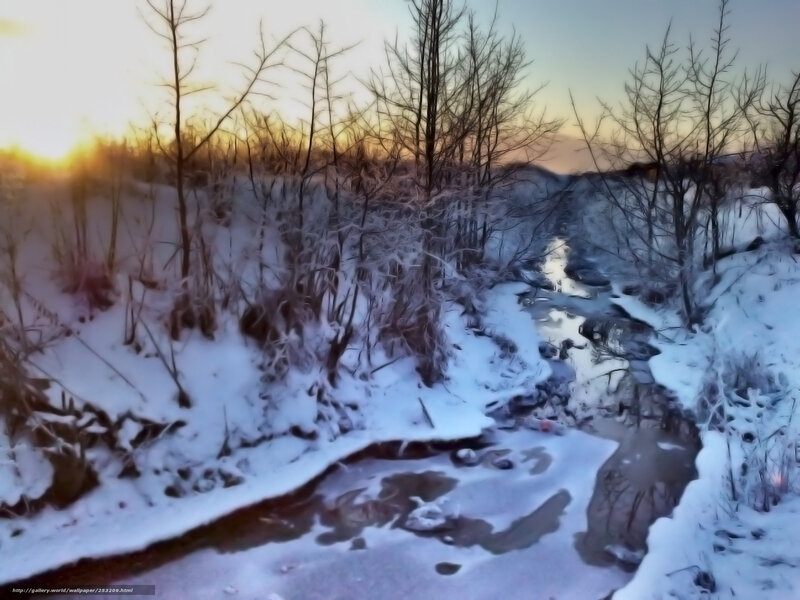 Snowy Stream at Sunset