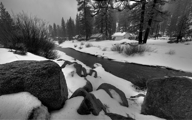 Snowy stream in forest