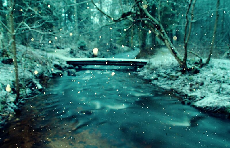 Snowy Stream in Forest — Blue, Serene, Winter