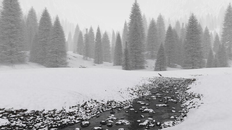 Snowy Stream in Forest — White, Serene, Winter, 3d Render