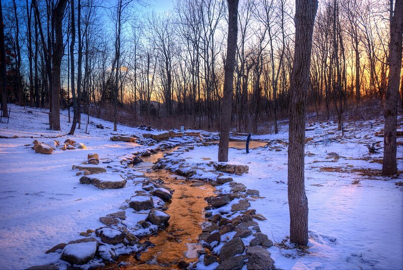 Snowy Stream in Forest — White, Serene, Winter, Photograph