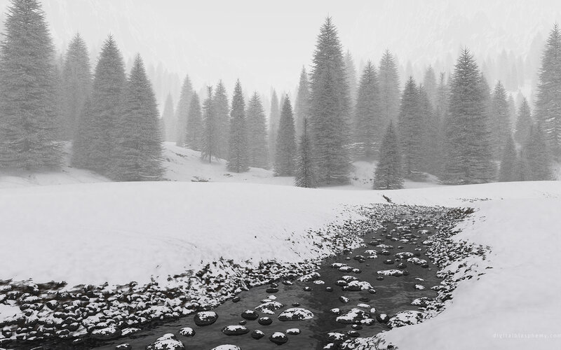 Snowy Stream in Forest — White, Serene, Winter, Photograph, Trees, Snow