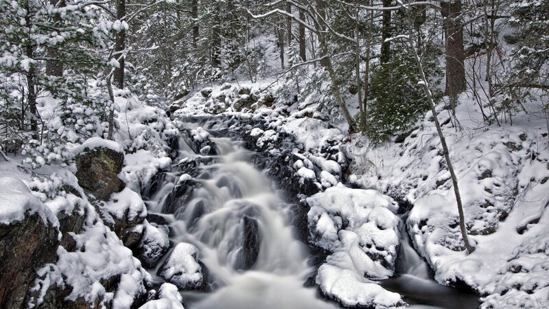 Snowy Stream in Forest — White, Serene, Winter, Photograph, Trees