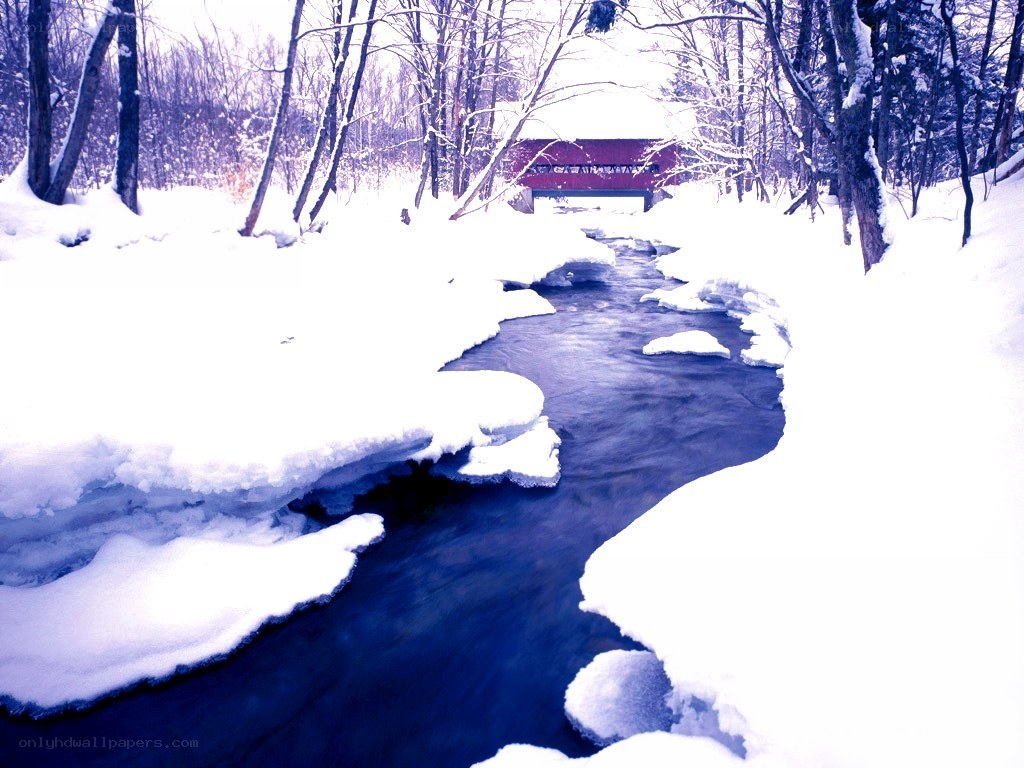 Snowy stream with covered bridge