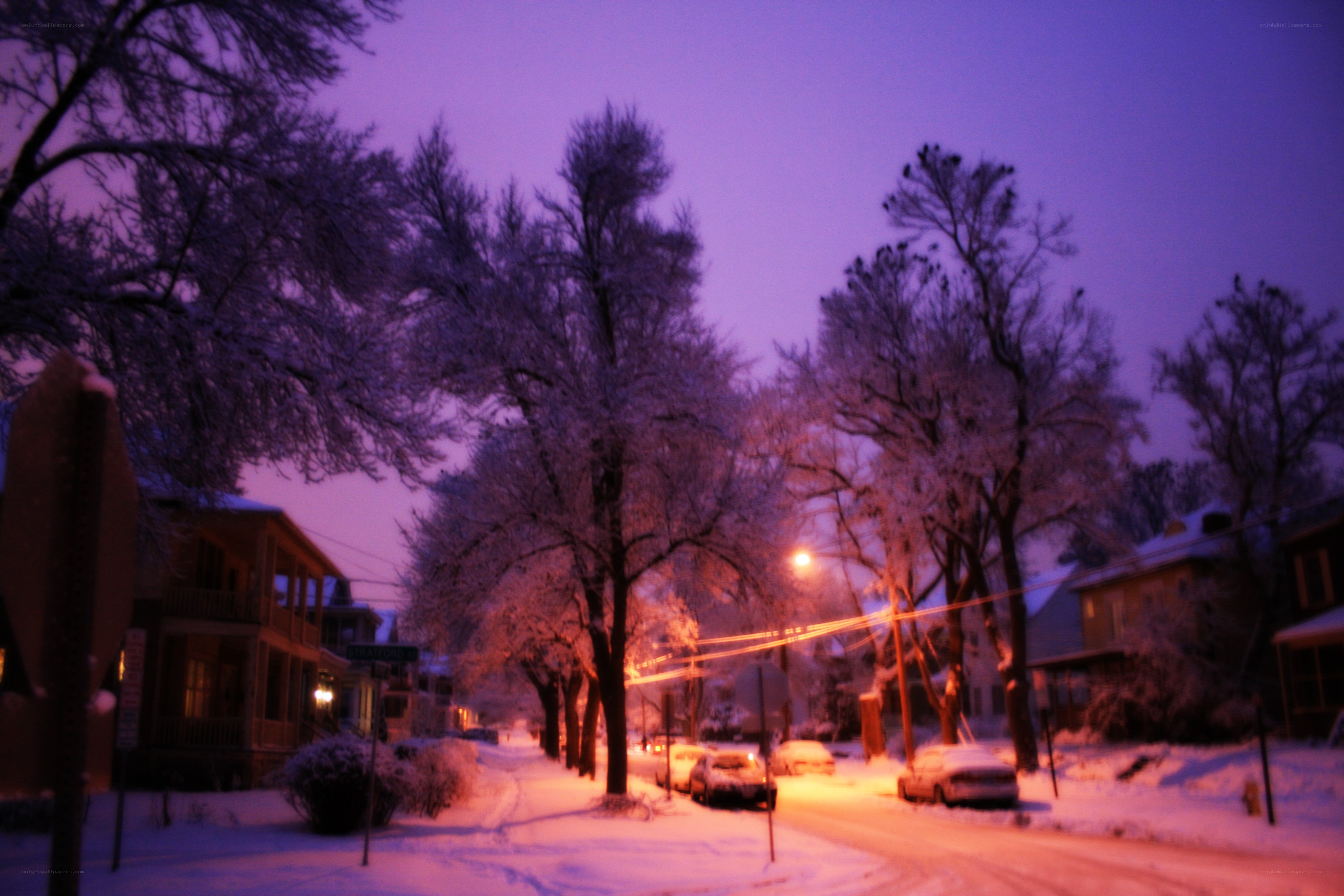 Snowy street at dusk