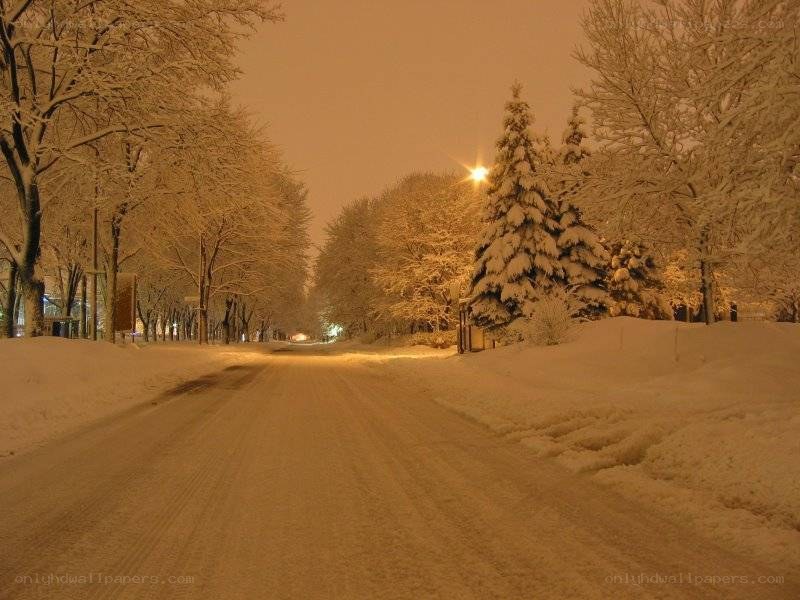 snowy street at night