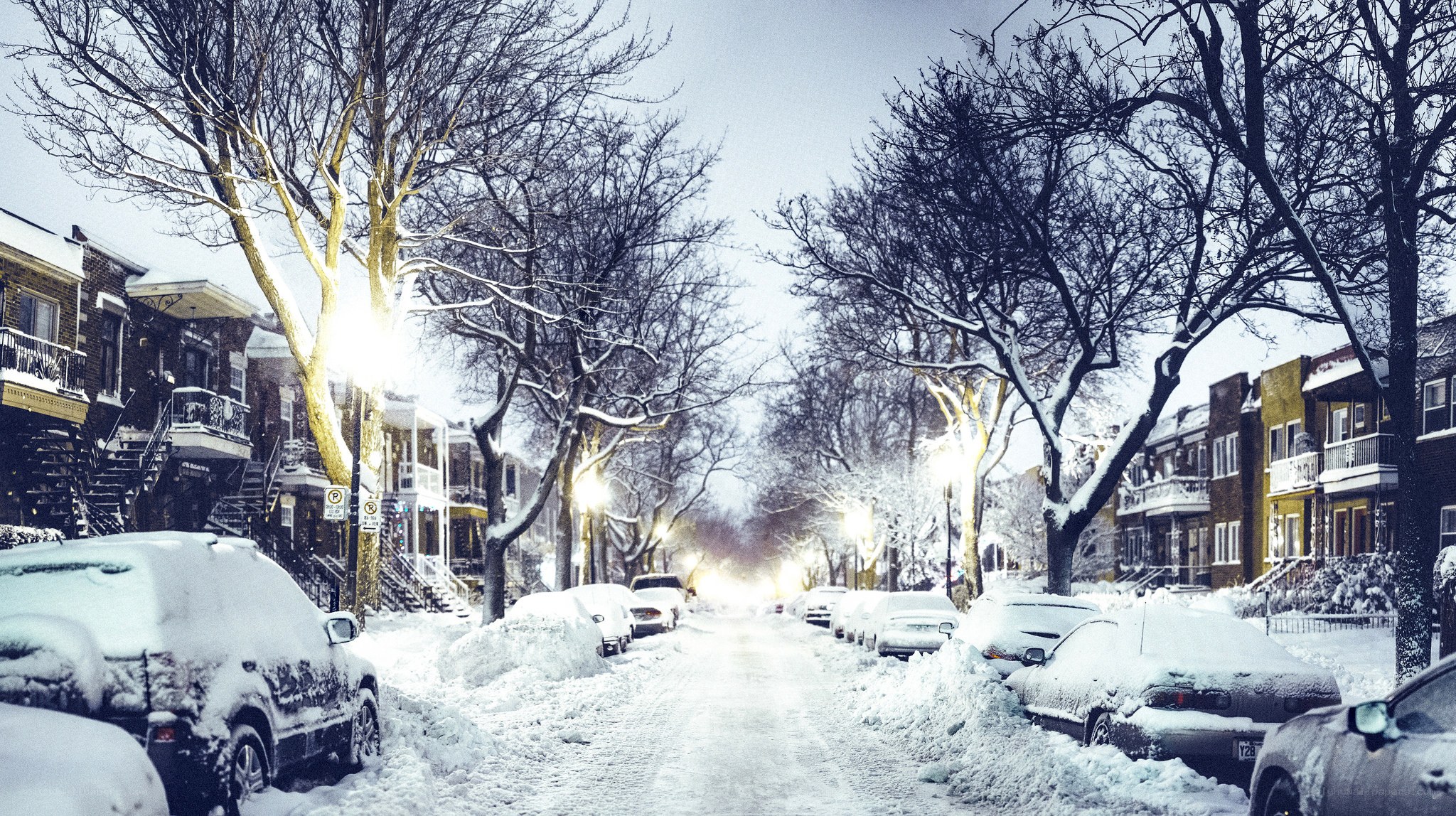 Snowy street at night