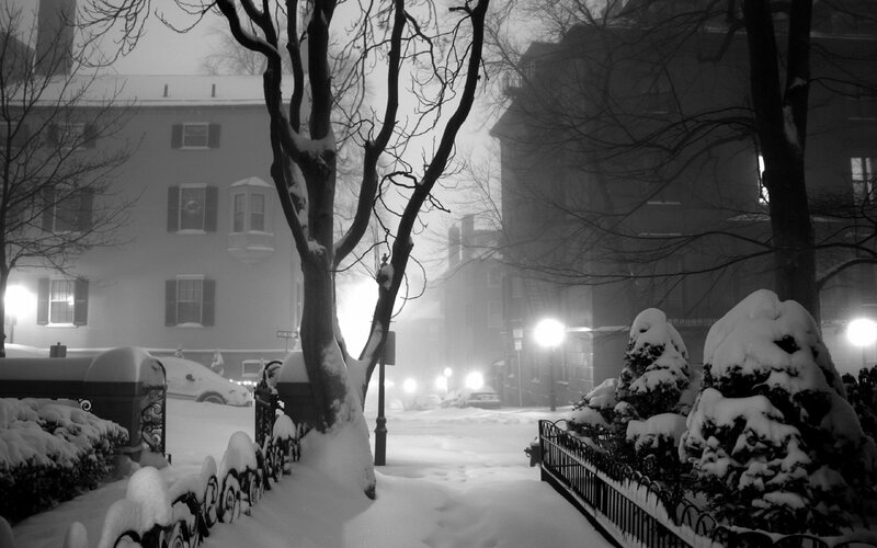 Snowy street at night