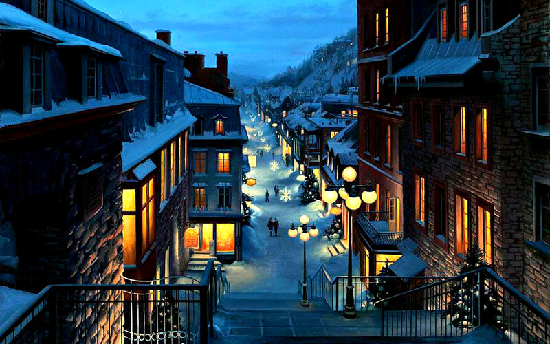 Snowy Street at Night — Blue, Peaceful