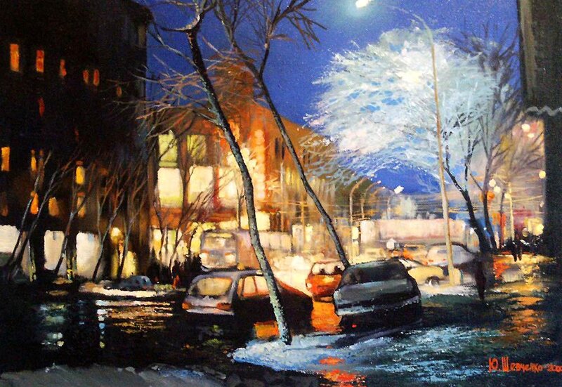 Snowy Street at Night — Blue