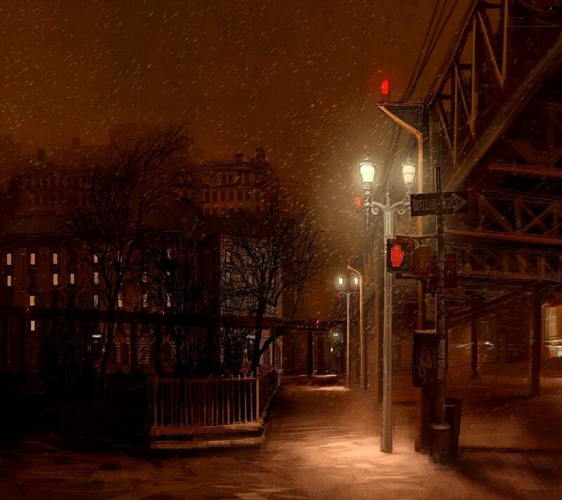 Snowy Street at Night — Brown, Dark