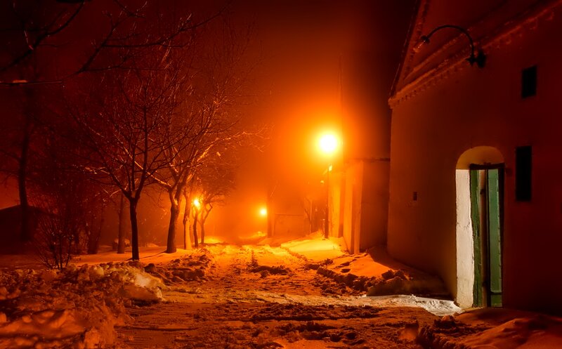 Snowy Street at Night — Orange, Dark