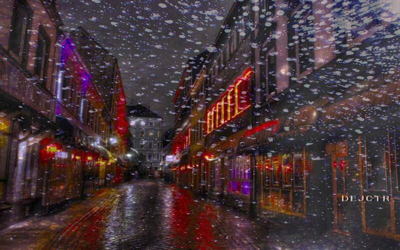 Snowy Street at Night — Red