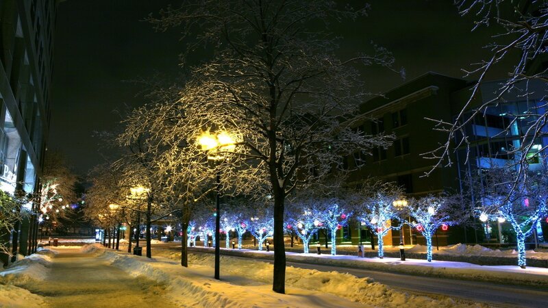 snowy street at night with lights