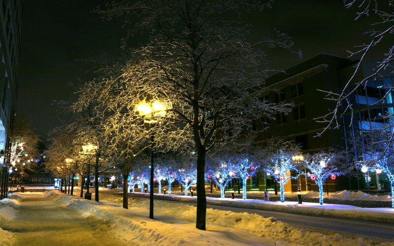 snowy street at night with lights