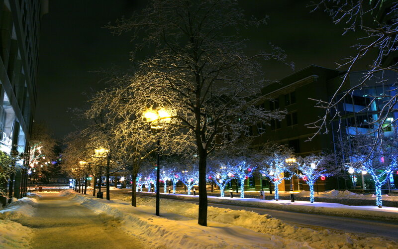 snowy street at night with lights