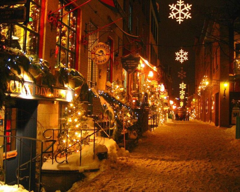Snowy Street at Night — Yellow, Festive, Photograph, Lights