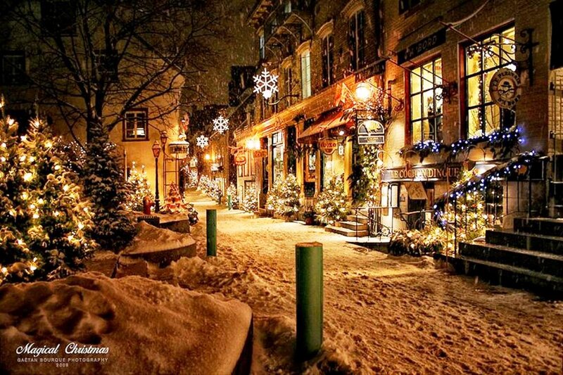 Snowy Street at Night — Yellow, Festive, Photograph