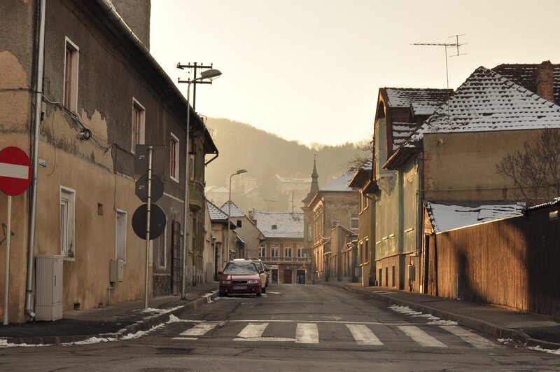 snowy street at sunrise