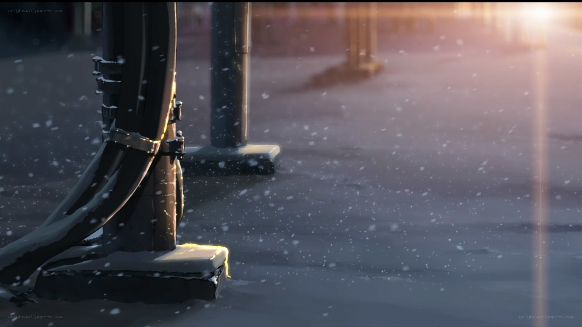 snowy street at sunset
