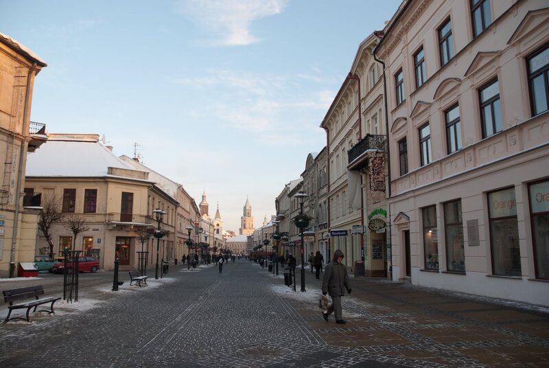 Snowy street in a European city
